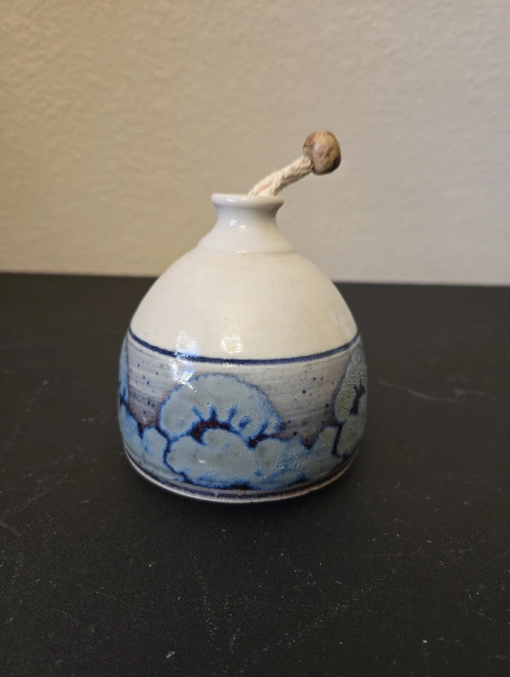 Studio Pottery Ceramic Small Vase Or Oil Bottle Featuring Blue & Brown Design